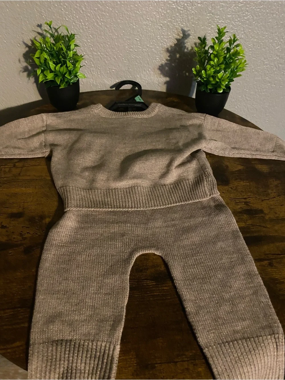 Kids Crewneck Matching Set in Taupe with Cable Detail